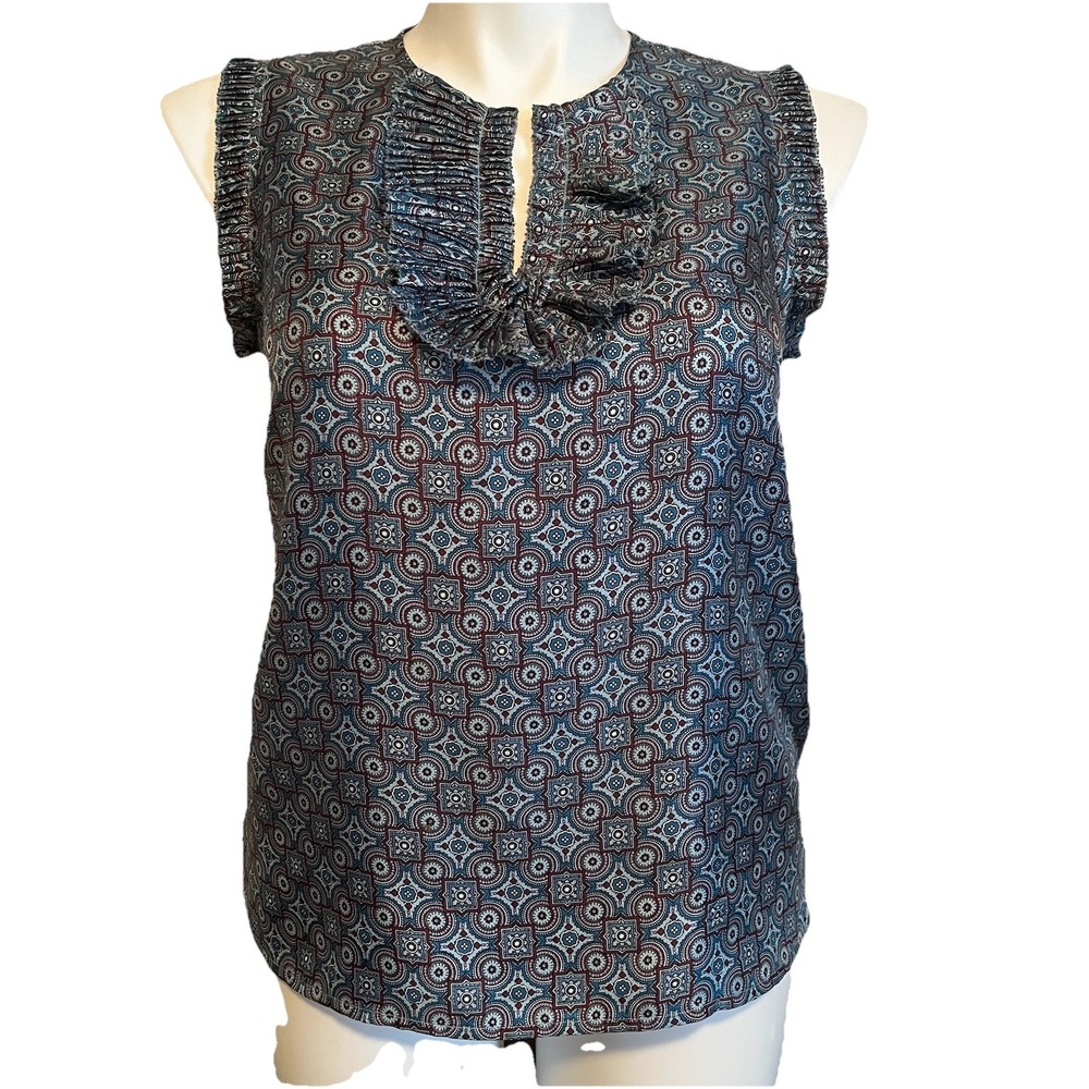 J.Crew 100% Silk Sleeveless Top Women's 10 Teal Blue Print Shell Tank Ruffle